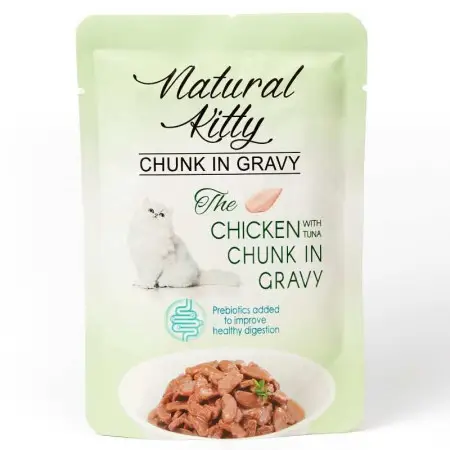 Natural Kitty Chunk in Gravy Chicken with Tuna Повноцінний вологий корм для котів у вигляді шматочків курки та тунця з курячою печінкою у соусі, 85 г