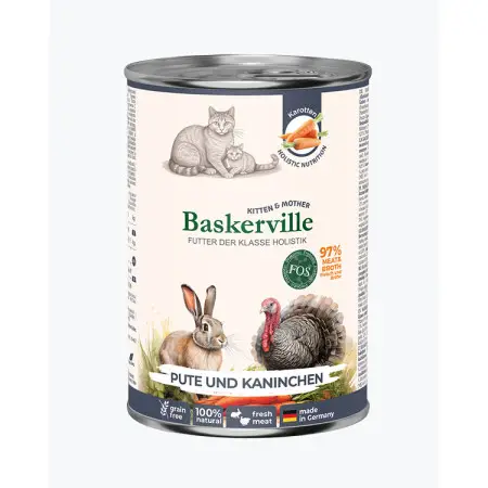 Baskerville ІНДИЧКА ТА КРОЛИК. Повнораціонний вологий корм класу холістик для кішок у період лактації та кошенят, 400 г