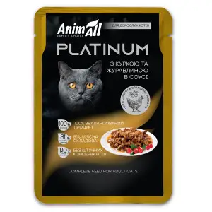 АнімАлл вологий корм PLATINUM Пауч для дорослих котів з Куркою та Журавлиною в соусі, 85г