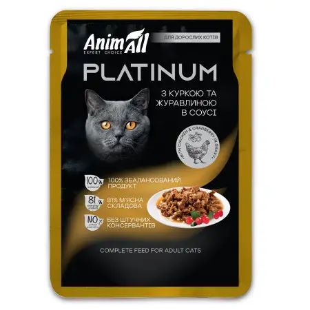 АнімАлл вологий корм PLATINUM Пауч для дорослих котів з Куркою та Журавлиною в соусі, 85г