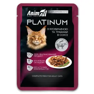 АнімАлл вологий корм PLATINUM Пауч для дорослих котів з Яловичиною та Травами в соусі, 85г