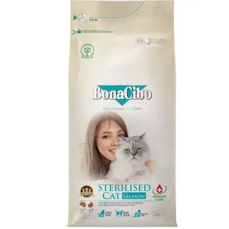 Полнорационный сухой корм супер премиум класса BONACIBO Sterilised Cat with Salmon с лососем для взрослых стерилизованных кошек и кошек с лишним весом 2 кг