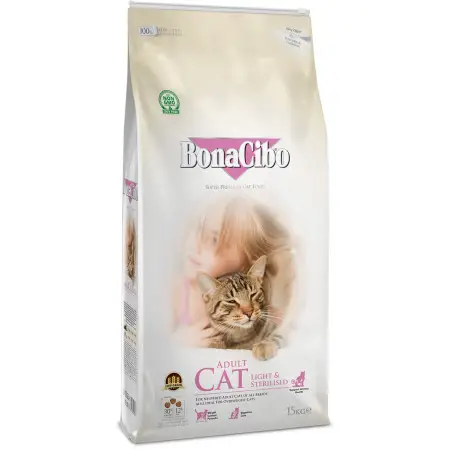 Сухий корм BonaCibo Adult Cat Light&Sterilized для стерилізованих котів із зайвою вагою з куркою, рисом та анчоусами 15 кг