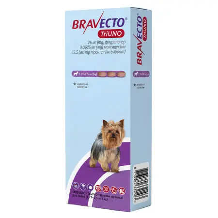 Bravecto TriUNO 25mg БРАВЕКТО ТриУНО жувальні таблетки для собак 1,27-2,5 кг 1 табл Термін дії 30.11.2026