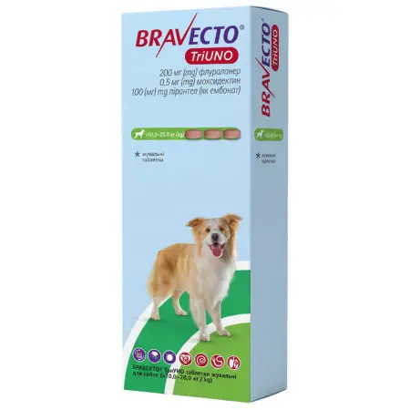Bravecto TriUNO 200mg БРАВЕКТО ТриУНО жувальні таблетки для собак 10,0-20,0 кг 1 табл Термін дії 30.11.2026