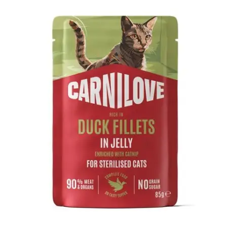 Вологий корм Carnilove Jelly Duck with Catnip Sterilised для стерилізованих котів качка і котяча м'ята в желе 85 г