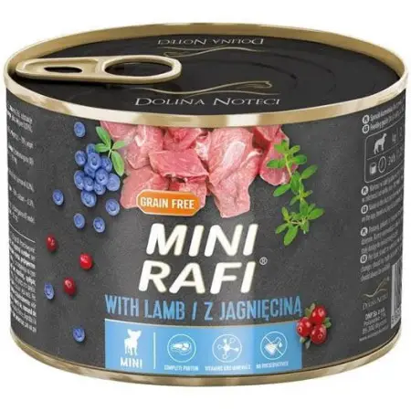 Вологий корм для дорослих собак малих порід Dolina Noteci RAFI Mini паштет ягня, лохина і журавлина 185 г