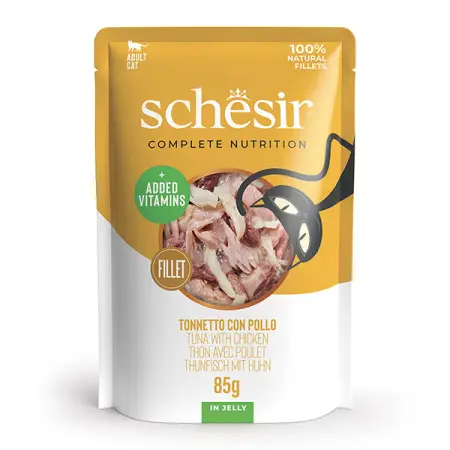 Повнораціонний вологий корм консерви для котів Schesir Tuna and Chicken тунець з курячим філе в желе - пауч 85г