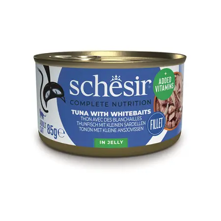 Повнораційний вологий корм Schesir Tuna Whitebait для дорослих котів зі смаком тунця з анчоусами в желе 85 г