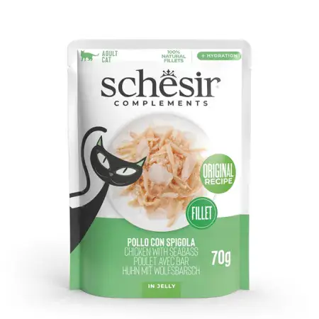 Вологий корм консерви для котів Schesir Chicken Fillet with Seabass куряче філе з морським окунем в желе — пауч 70г