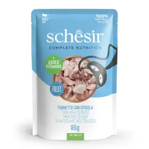 Повнораціонний вологий корм консерви для котів Schesir Tuna with Seabass тунець з окунем в желе - пауч 85г