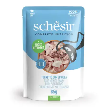 Повнораціонний вологий корм консерви для котів Schesir Tuna with Seabass тунець з окунем в желе - пауч 85г