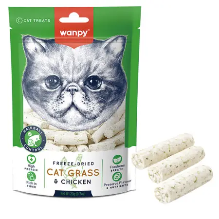 Сублимированные лакомства для кошек Wanpy Cat Grass & Chicken кошачья трава с курицей для вывода шерсти 20г