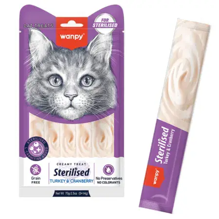 Рідкі ласощі для стерилізованих котів Wanpy Creamy Lickable Treats Sterilized Turkey&Cranberry з індичкою та журавлиною 5 х 14г