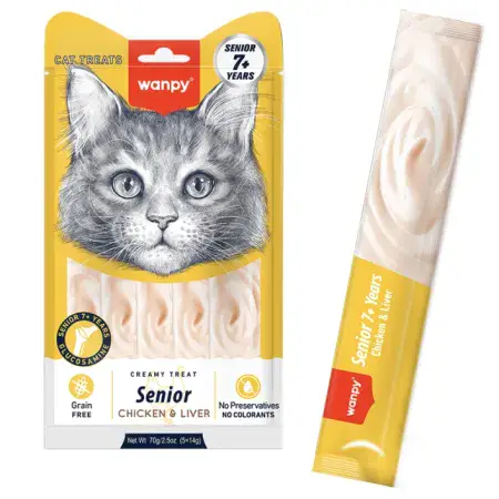 Рідкі ласощі для літніх котів (+7) Wanpy Creamy Lickable Treats Senior Chicken & Liver курка з печінкою, лактобактеріями та глюкозаміном 5 х 14г