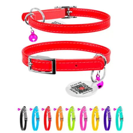 Ошейник для котов кожаный WAUDOG Glamour с QR паспортом, без украшений, XXS, Ш 9 мм, Дл 17-20 см красный