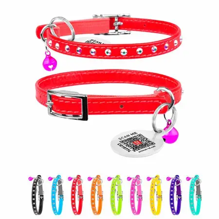 Ошейник WAUDOG Glamour с резинкой, клей.стразами для кошек (ширина 9мм, длина 22-30см) красный
