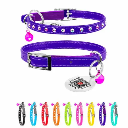 Ошейник WAUDOG Glamour с резинкой, клей.стразами для кошек (ширина 9мм, длина 22-30см) фиолетовый