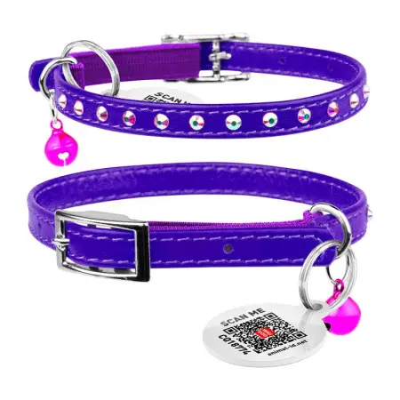 Ошейник WAUDOG Glamour с резинкой, клей.стразами для кошек (ширина 9мм, длина 22-30см) фиолетовый