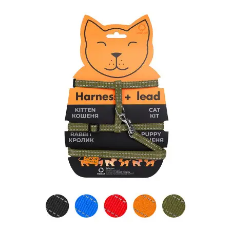 Шлея Dog Extreme нейлоновая для котов с поводком (ширина 10мм, А:20-30см, В:25-40см, длина 110см) хаки