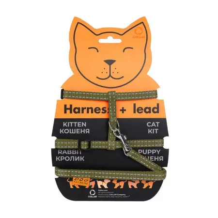 Шлея Dog Extreme нейлоновая для котов с поводком (ширина 10мм, А:20-30см, В:25-40см, длина 110см) хаки