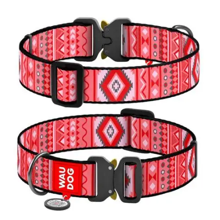 Ошейник для собак нейлоновый WAUDOG Nylon с QR паспортом, рисунок "Этно красный", металлическая пряжка-фастекс, XXL, Ш 35 мм, Д 46-70 см