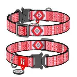 Ошейник для собак нейлоновый WAUDOG Nylon с QR паспортом, рисунок "Этно красный", металлическая пряжка-фастекс, Ш 15 мм, Длин 25-35 см.