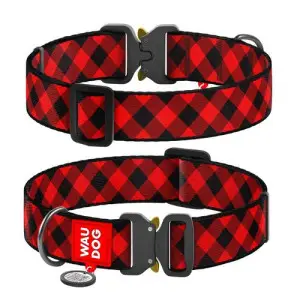 Ошейник для собак нейлоновый WAUDOG Nylon с QR паспортом, рисунок "Шотландка красная", металлическая пряжка-фастекс, XXL, Ш 35 мм, Д 46-70 см