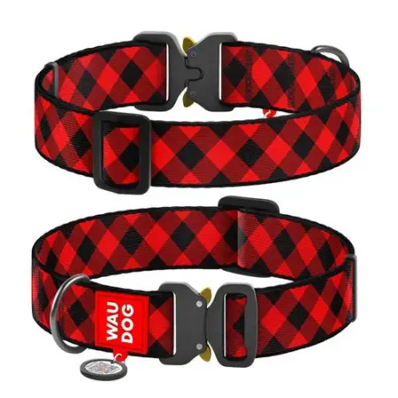 Ошейник для собак нейлоновый WAUDOG Nylon с QR паспортом, рисунок "Шотландка красная", металлическая пряжка-фастекс, XXL, Ш 35 мм, Д 46-70 см