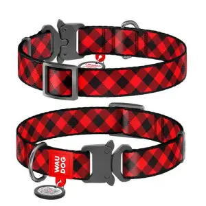 Ошейник для собак нейлоновый WAUDOG Nylon с QR паспортом, рисунок "Шотландка красная", металлическая пряжка-фастекс, Ш 25 мм, Длинна 37-58 см.