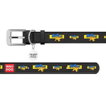 Нашийник для собак шкіряний WAUDOG Design з QR паспортом, малюнок "Дім", XL, Ш 35 мм, Дов 46-59 см, чорний