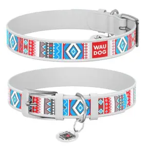 Ошейник для собак кожаный WAUDOG Design с QR паспортом, рисунок Этно, S, Ш 15 мм, Дл 26-35 см, белый