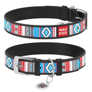 Ошейник для собак кожаный WAUDOG Design с QR паспортом, рисунок Этно, S, Ш 15 мм, Дл 26-35 см, черный