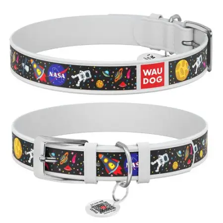Ошейник для собак кожаный WAUDOG Design с QR паспортом, рисунок NASA, L, Ш 25 мм, Дл 38-49 см белый