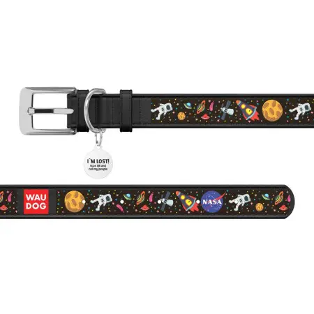 Ошейник для собак кожаный WAUDOG Design с QR паспортом, рисунок NASA, S, Ш 15 мм, Дл 26-35 см, черный