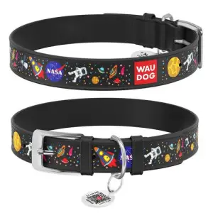 Ошейник для собак кожаный WAUDOG Design с QR паспортом, рисунок NASA, XS, Ш 12 мм, Дл 20-28 см, черный