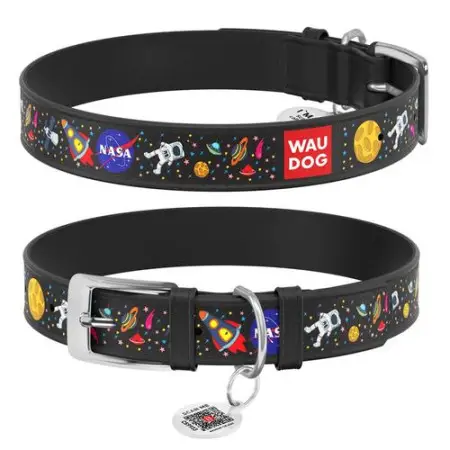 Ошейник для собак кожаный WAUDOG Design с QR паспортом, рисунок NASA, XS, Ш 12 мм, Дл 20-28 см, черный