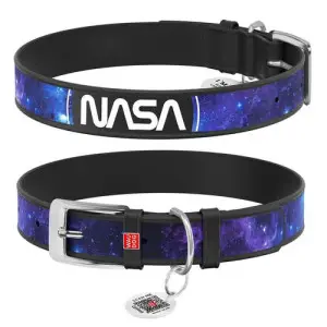 Ошейник для собак кожаный WAUDOG Design с QR паспортом, рисунок NASA21, XL, Ш 35 мм, Дл 46-59 см, черный