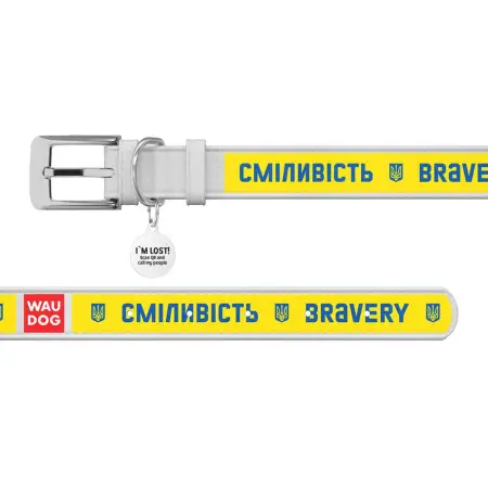 Нашийник для собак шкіряний WAUDOG Design з QR паспортом, малюнок "Сміливість", XXS, Ш 12 мм, Дов 18-24 см, білий