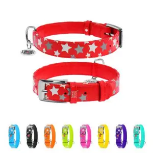 Ошейник для собак кожаный WAUDOG Glamour с QR паспортом, узор Звёздочка, светящийся/светоотражающий, M, Ш 20 мм, Дл 30-39 см красный