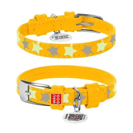 Ошейник для собак кожаный WAUDOG Glamour с QR паспортом, узор Звёздочка, светящийся/светоотражающий, Ш 15 мм, Дл 27-36 см желтый