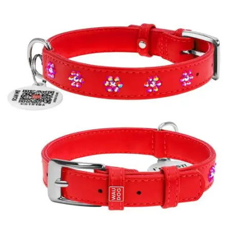 Нашийник для собак шкіряний WAUDOG Glamour з QR паспортом, з клейовими стразами "Квіти", Ш 15 мм, Дов 27-36 см червоний