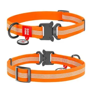 Ошейник для собак водостойкий WAUDOG Waterproof с QR-паспортом, светоотражающий, металлическая пряжка-фастекс, M, Ш 20 мм, Дл 28-40 см оранжевый