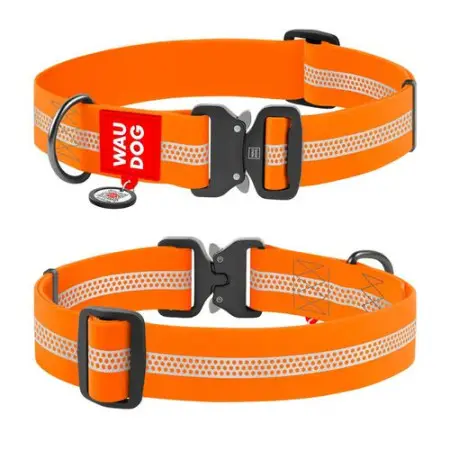 Ошейник для собак водостойкий WAUDOG Waterproof с QR-паспортом, светоотражающий, металлическая пряжка-фастекс, XXL, Ш 40 мм, Дл 46-70 см оранжевый