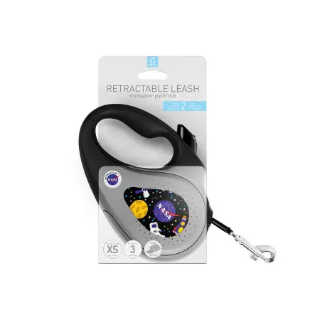 Поводок-рулетка для собак WAUDOG R-leash, рисунок NASA, XS, до 12 кг, 3 м, светоотражающая лента черный
