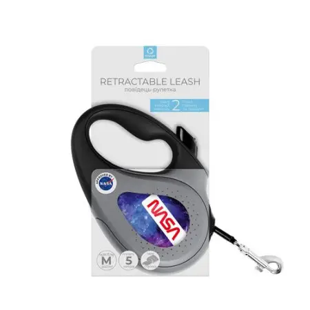 Поводок-рулетка для собак WAUDOG R-leash, рисунок NASA21, M, до 25 кг, 5 м, светоотражающая лента черный