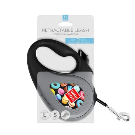 Поводок-рулетка для собак WAUDOG R-leash, рисунок Пончики, L, до 50 кг, 5 м, светоотражающая лента черный
