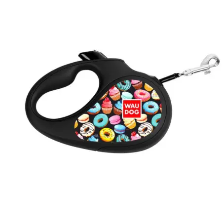 Поводок-рулетка для собак WAUDOG R-leash, рисунок Пончики, M, до 25 кг, 5 м, светоотражающая лента черный