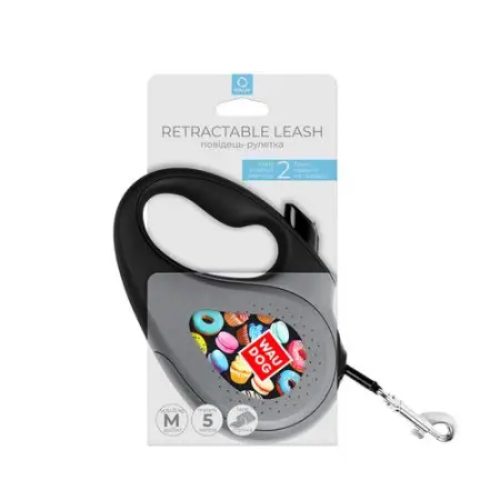 Поводок-рулетка для собак WAUDOG R-leash, рисунок Пончики, M, до 25 кг, 5 м, светоотражающая лента черный