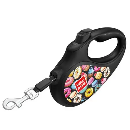 Поводок-рулетка для собак WAUDOG R-leash, рисунок Пончики, S, до 15 кг, 5 м, светоотражающая лента черный